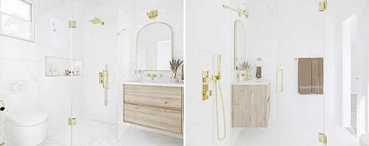 Finished junior ADU bathroom with brass fixtures