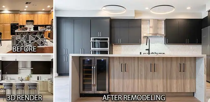 Three stages of one kitchen: the dated before, the 3D rendering, and the finished modern kitchen with a wood island