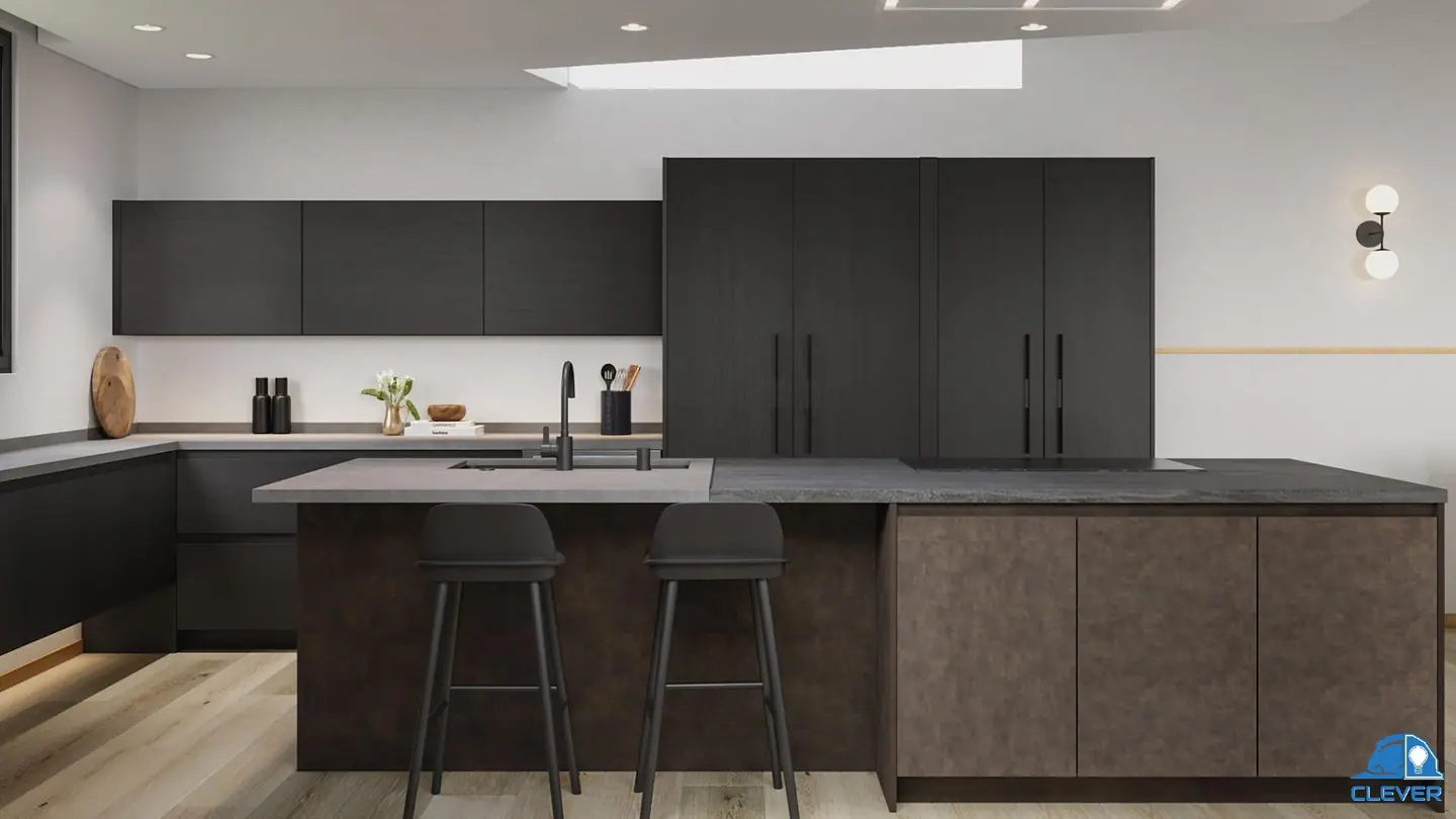 Atherton kitchen with dark flat-panel cabinetry and a bronze-finish island
