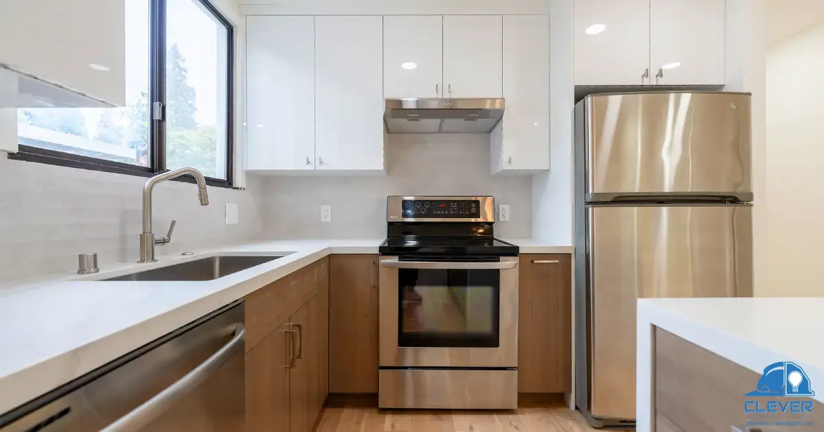 Kitchen run with wood lower cabinets and white uppers