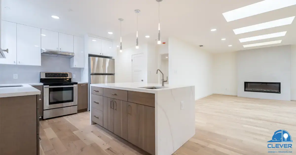 Open living and kitchen space under skylights