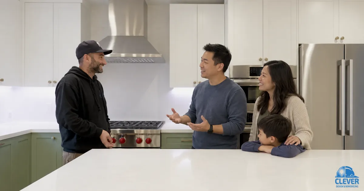 A Clever project lead talking with a family in their finished kitchen