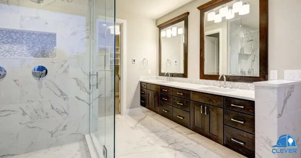 Double vanity with quartz counters in a Bay Area master bath