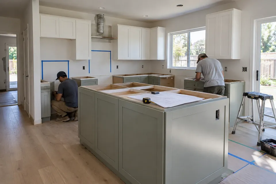 Kitchen remodel at the cabinet-install stage in a San Jose ranch house