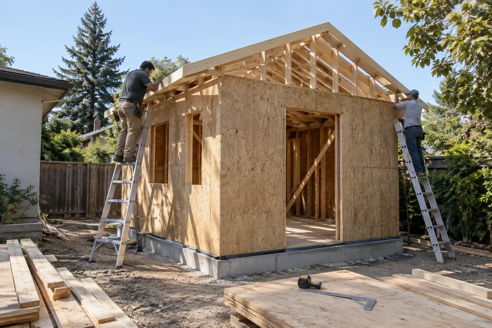 A detached ADU at the framing stage in a Mountain View backyard: walls sheathed, roof framed, two workers in plain clothes on ladders