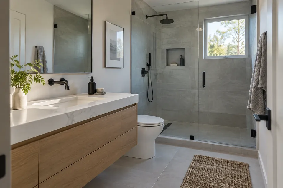 The finished bathroom in a San Mateo home: frameless glass shower, a floating vanity, large-format tile, matte black fixtures, window light