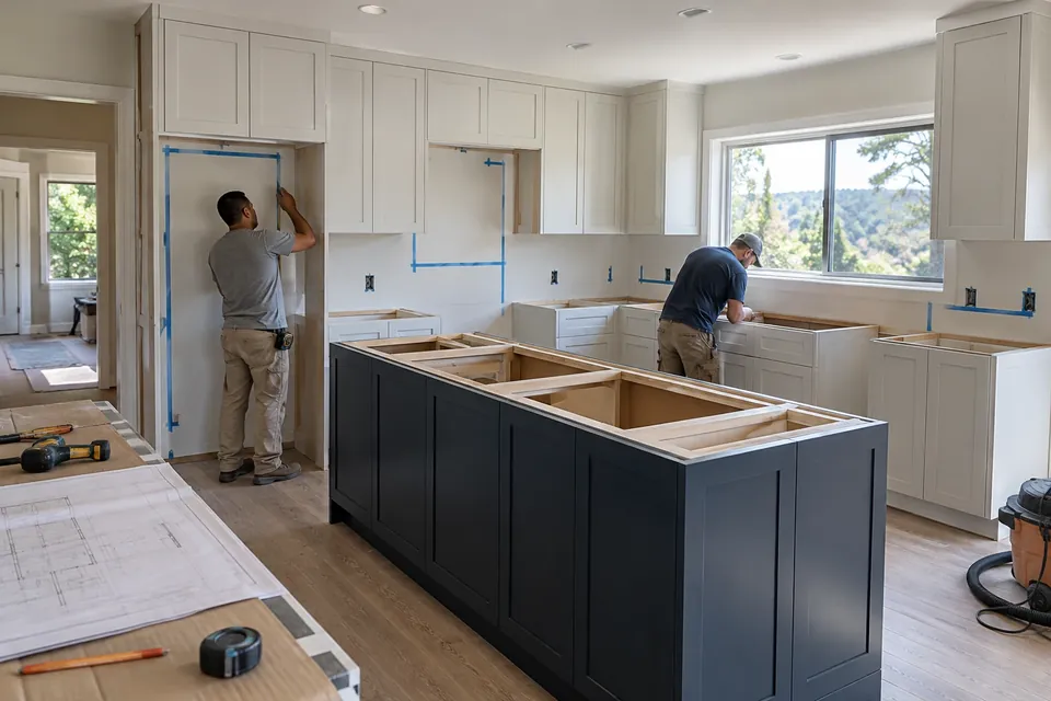 Kitchen remodel at the cabinet-install stage in a Hillsborough ranch house