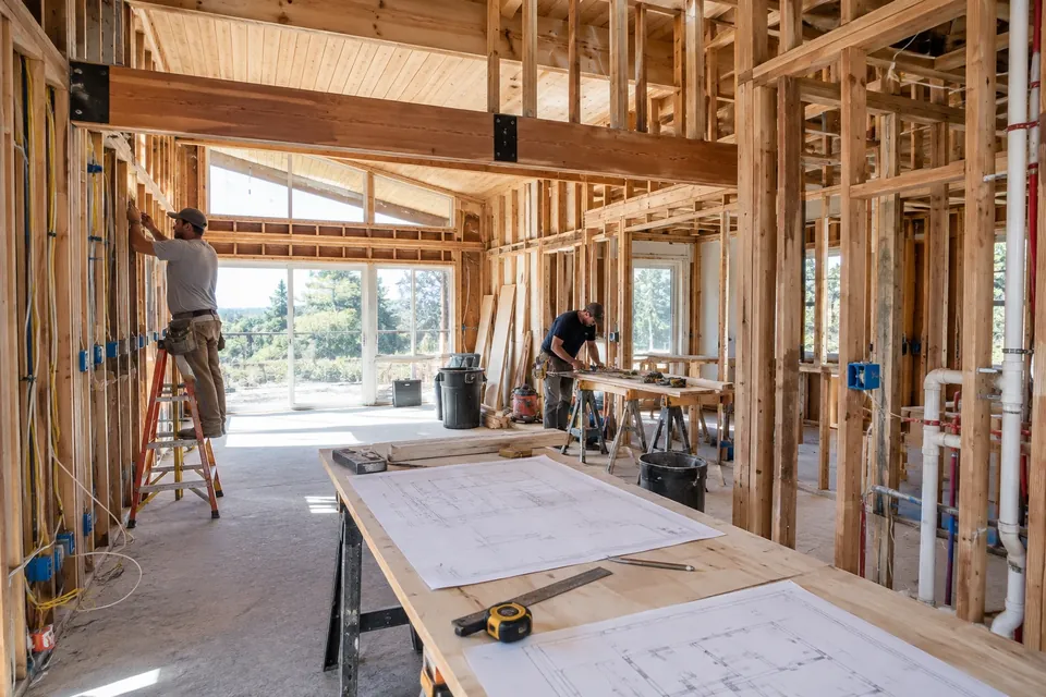 A whole-home remodel in a Hillsborough house opened to the studs: a new beam overhead, rough plumbing and electrical, light pouring through