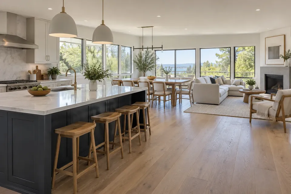The same kind of Hillsborough home after a whole-home remodel: an open kitchen, dining and living area, white-oak floors, big windows