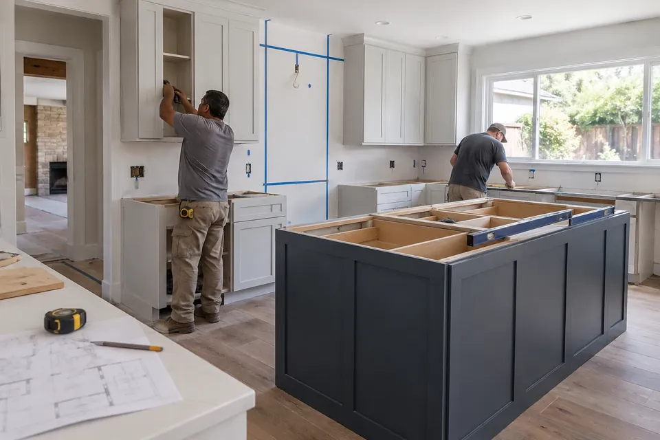 Kitchen remodel at the cabinet-install stage in a Palo Alto ranch house