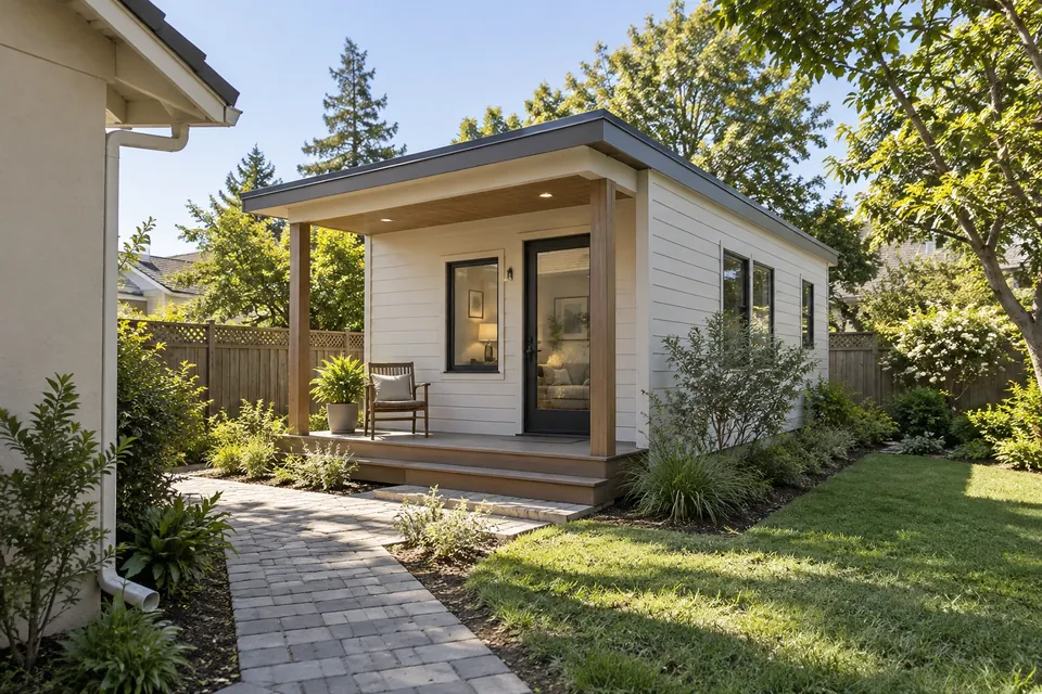 A finished detached ADU in a Palo Alto backyard: a small porch, simple modern siding, a paver path from the main house