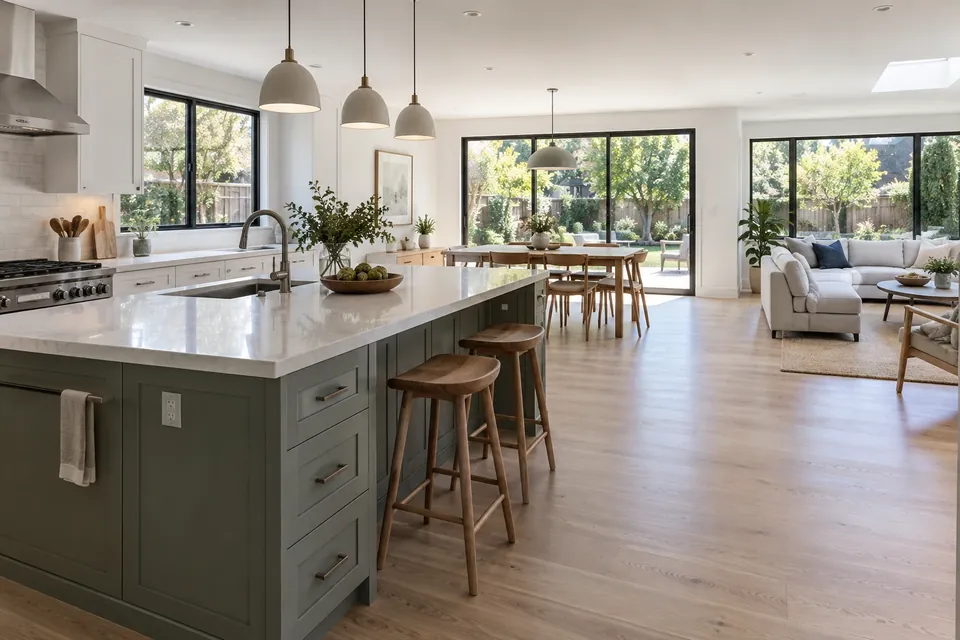 The same kind of Palo Alto home after a whole-home remodel: an open kitchen, dining and living area, white-oak floors, big windows