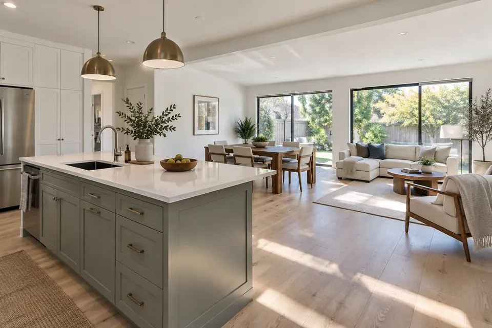 The same kind of Mountain View home after a whole-home remodel: an open kitchen, dining and living area, white-oak floors, big windows