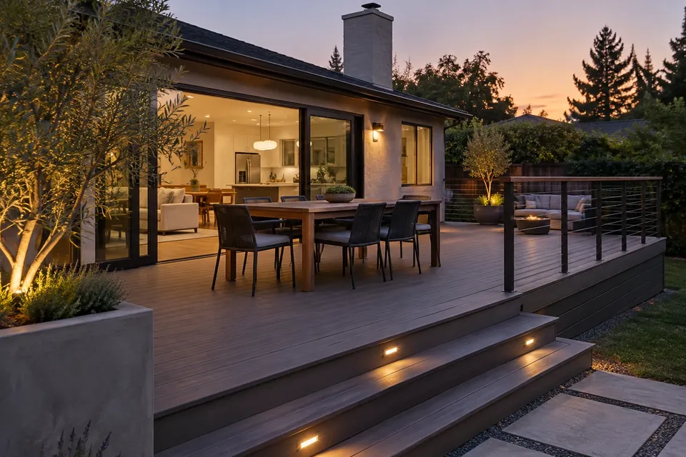 A finished composite deck behind a Sunnyvale home at dusk, built-in step lights, cable railing, outdoor dining set
