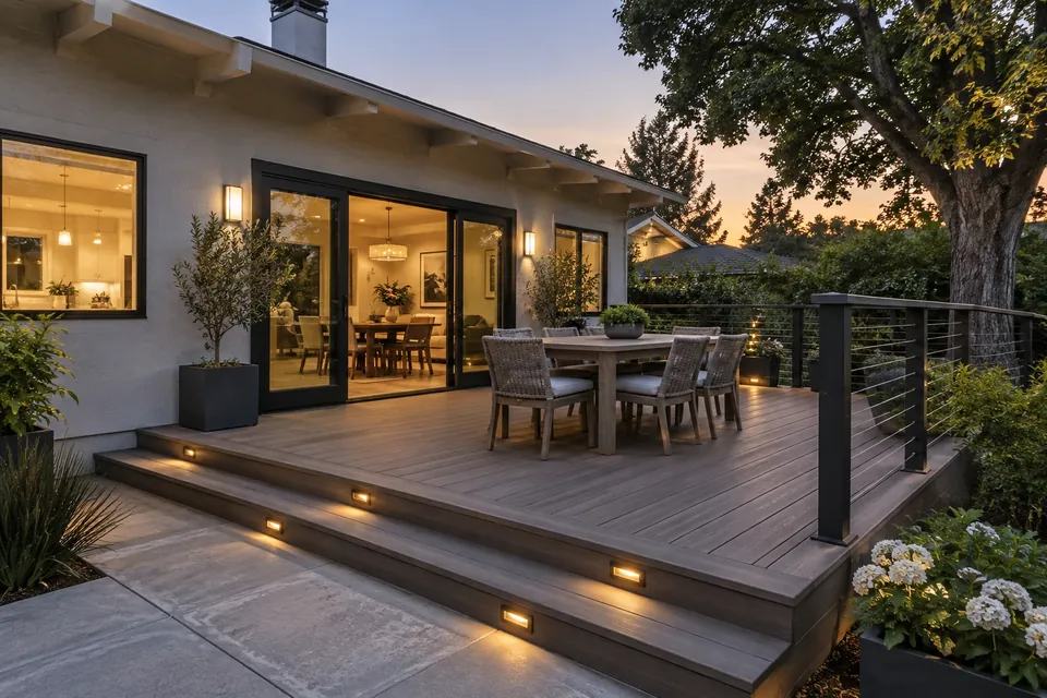 A finished composite deck behind a Redwood City home at dusk, built-in step lights, cable railing, outdoor dining set