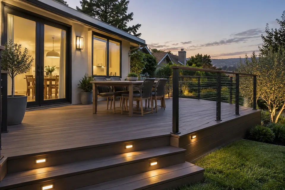 A finished composite deck behind a Hillsborough home at dusk, built-in step lights, cable railing, outdoor dining set