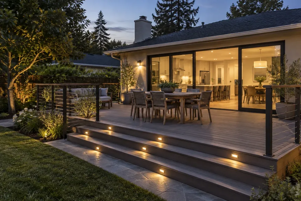 A finished composite deck behind a Palo Alto home at dusk, built-in step lights, cable railing, outdoor dining set