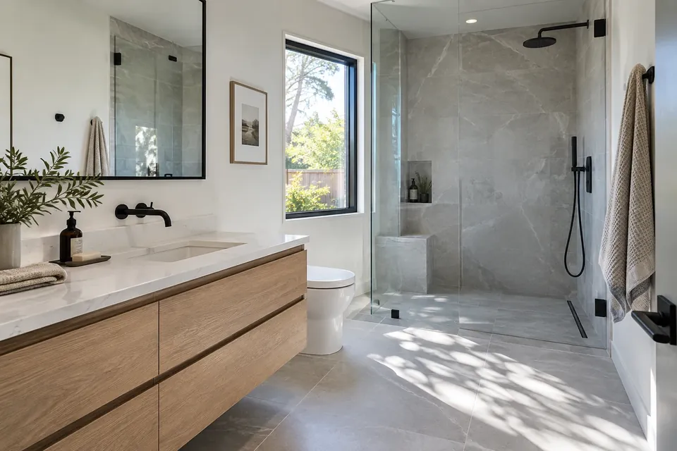 The finished bathroom in a Menlo Park home: frameless glass shower, a floating vanity, large-format tile, matte black fixtures, window light