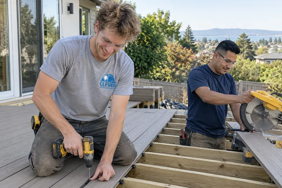 Two carpenters fastening composite deck boards on new framing