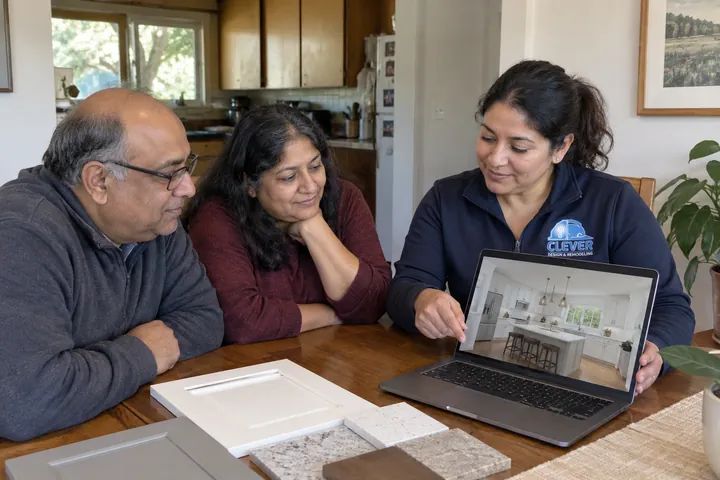 A designer showing a homeowner couple a 3D rendering of their kitchen on a laptop